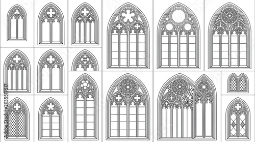Tableau sur toile Collection of Gothic architectural window tracery drawings with pointed arches,