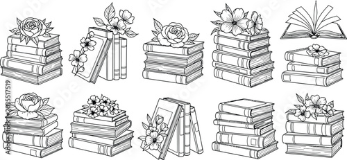 Foto Black and white line art illustrations of stacked books with flowers