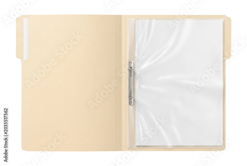 Open beige manila file folder with clear plastic sheet protector. Isolated on transparent background, png