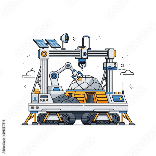 Space Habitat Construction: Robotic Machine Building Dome on Mars Illustration