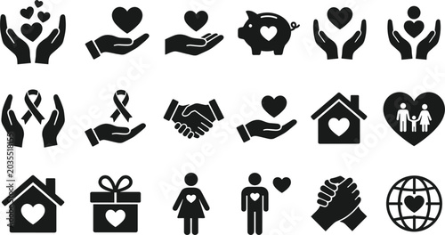 Obraz na płótnie Charity donation and community care icon vector set collection in black solid si