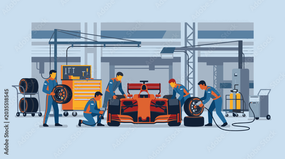Fototapeta premium Race car pit stop in busy garage with crew.