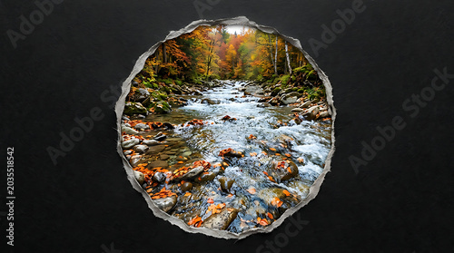 Autumn forest stream through torn paper