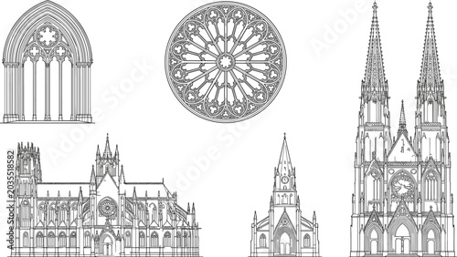 Billede på lærred Detailed Gothic cathedral architectural drawings featuring rose windows, pointed