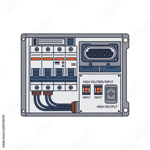 Industrial electrical control panel with circuit breakers, terminals, and high voltage connections