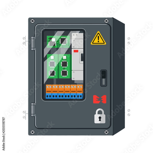 Industrial Electrical Panel Illustration: Circuit Boards, Warning Sign