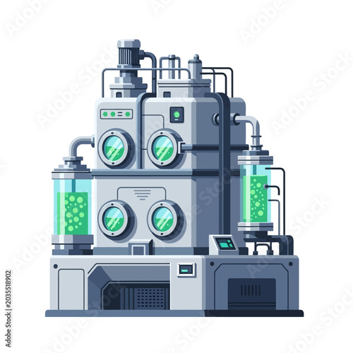 Industrial lab equipment with green liquid, futuristic illustration