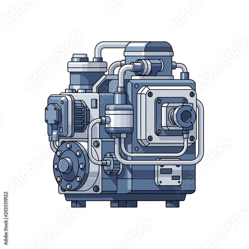 Industrial machinery isometric illustration, engine and pipes design