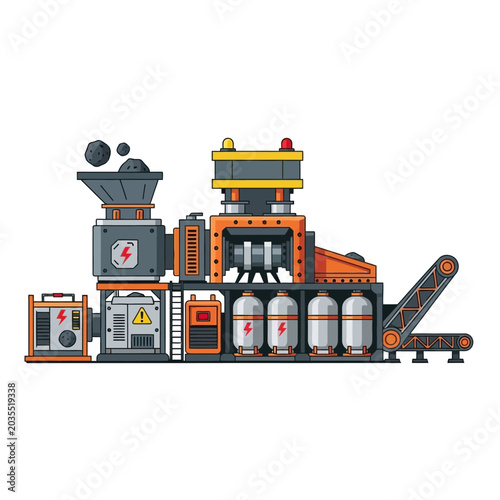 Industrial machinery processing rocks with modern minimalist design
