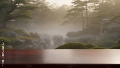 幻想的な和風庭園朝霧晴れゆく光景