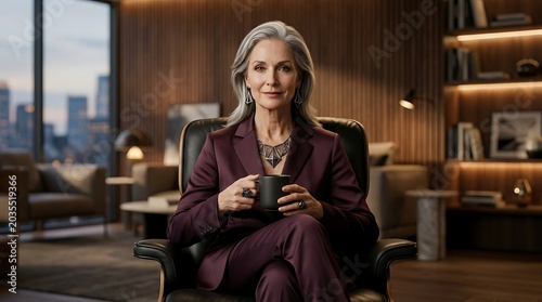 Mature woman sits in a modern office chair holding a warm drink