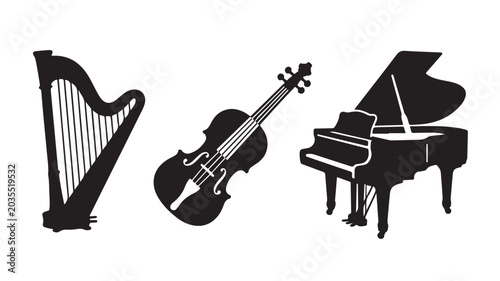 Black Silhouettes of Harp, Violin, and Grand Piano on White Background For Music and Art Concepts