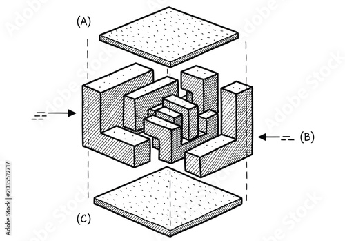 Slika na platnu exploded isometric view of abstract geometric blocks and shapes with arrows indicating movement and separate top and bottom pieces