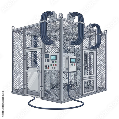 Industrial machinery inside safety cage, isolated
