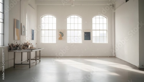 明るいスタジオに差し込む自然光と絵画制作の様子