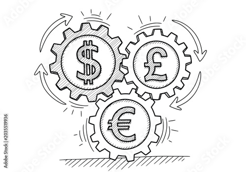 interlocking gears with currency symbols dollar pound euro rotating together showing financial exchange and economic connection.
