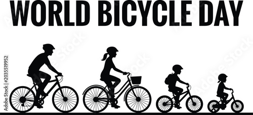 Celebrating world bicycle day family cycling silhouette with bikes and helmets for health and recreation