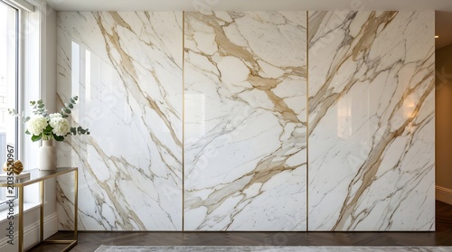 Luxury Modern Interior with White Marble Wall Panels and Gold Accents