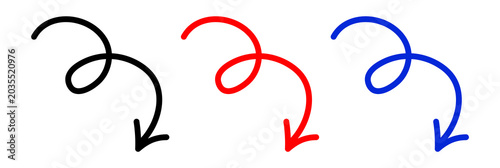 Obraz na płótnie Set of Hand Drawn Curly Spiral Arrows in Black Red and Blue