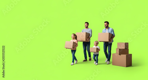 Family Moving Day: Parents and Children Carrying Cardboard Boxes on Green Background