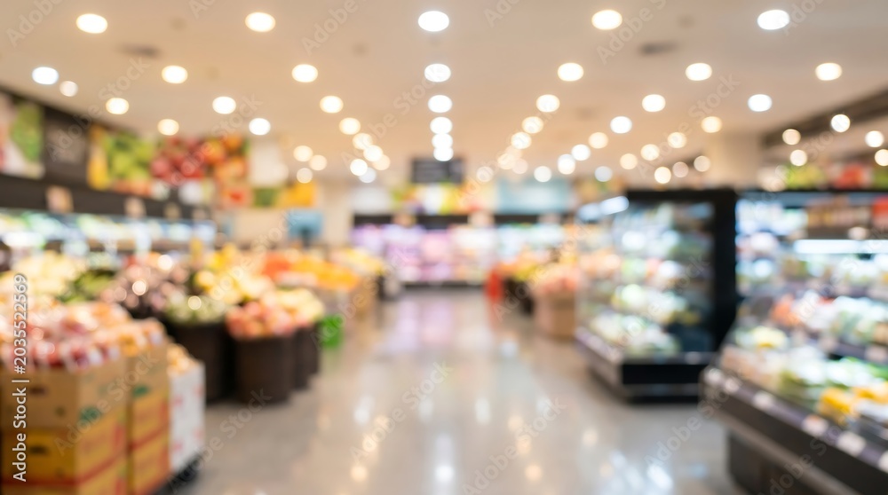 Naklejka premium Abstract blurred background of supermarket produce section with colorful shelves and bright bokeh light orbs creating soft retail atmosphere for commercial food marketing visuals