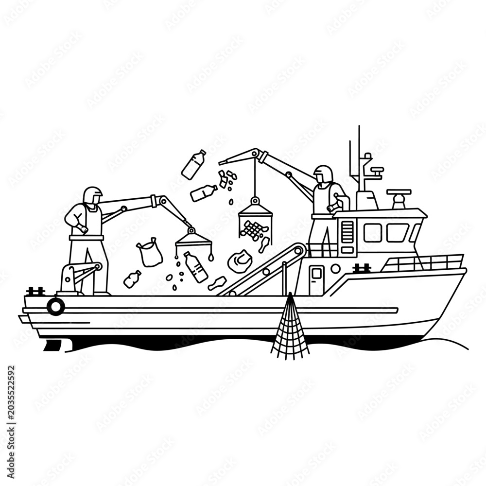 Naklejka premium Ocean Cleanup Boat with Workers, Eco-Friendly Vector Illustration