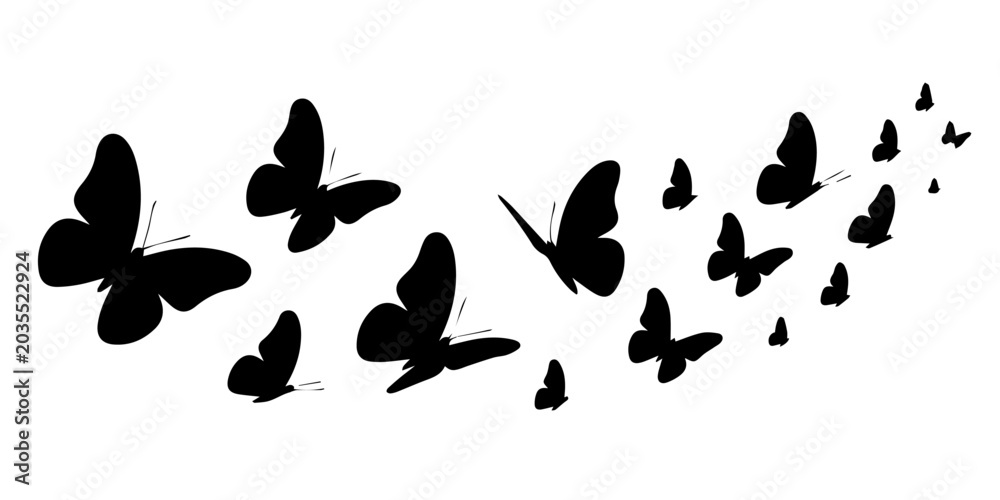 Fototapeta premium Flying Butterfly Silhouette Swarm Vector, Dynamic Trail of Black Butterflies for Nature and Spring Wall Decal Design, Black butterflies flying in a scattered pattern butterfly, flying flock, insect on