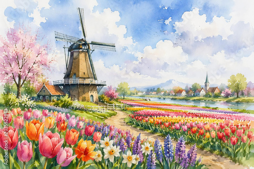 windmill and tulips in holland