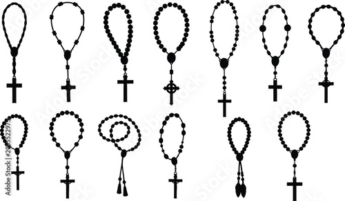 Tableau sur toile Set of black catholic rosary beads with crosses and religious prayer necklaces i