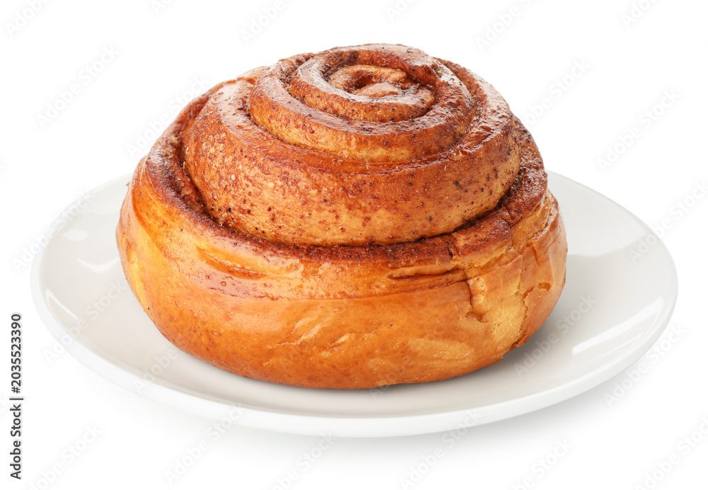 Fototapeta premium One tasty cinnamon roll isolated on white