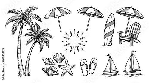 palm trees on the beach engraving outline vector art illustration design, palm tree silhouette, hand drawn beach drawing, line art palm tree, sea, beach, summer view, vintage palm tree on sea beach
