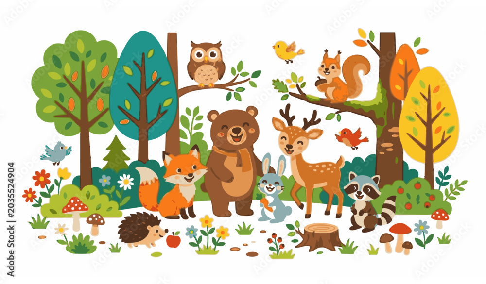 Naklejka premium Colorful autumn forest background with happy woodland animals vector