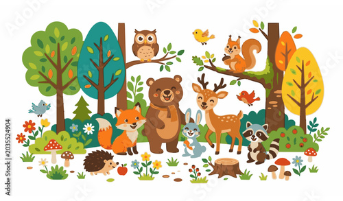Colorful autumn forest background with happy woodland animals vector