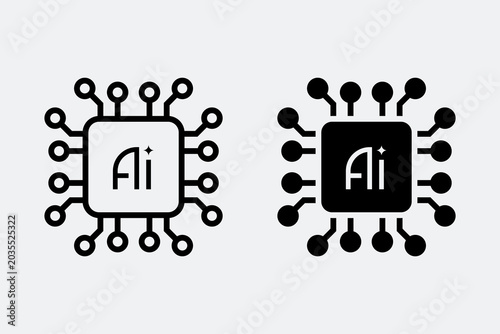 AI processor chip icon set with outline and glyph style artificial intelligence technology symbol