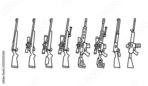 Konstfotografi Rows of military assault rifles and guns silhouette set vector