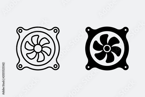 Computer cooling fan icon set with outline and glyph style ventilation symbol