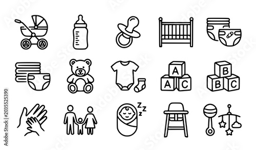 Bild auf Leinwand Baby care, newborn accessories, and toys line icon set vector