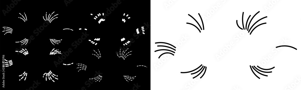 Fototapeta premium Dashed line radial bursts, black and white stroke elements, motion effect set
