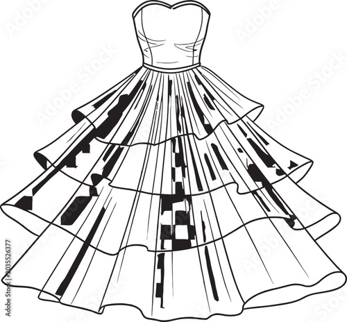 Cuadro en lienzo Black and white illustration of a tiered ball gown with a strapless bodice and f