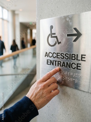 Hand touching accessible entrance sign inside modern public building. Concept of inclusion, disability access and barrier free navigation