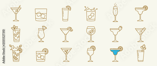 Collection of stylized cocktail and drink icons in a line art style