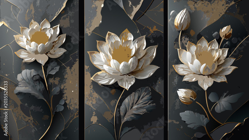 Obraz na plátne Lotus flower arrangement a triptych vector illustration with gold accents on a d