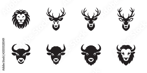 Photography Collection of Stylized Animal Head Icons Featuring Lion, Deer, and Buffalo, Repr