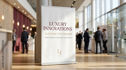 White pull-up banner mockup in a modern corporate event hall. Luxury branding and marketing display with copy space