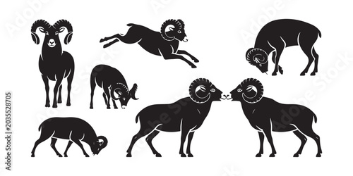 Slika na platnu Bighorn sheep and ram silhouettes in various poses including jumping, grazing, a