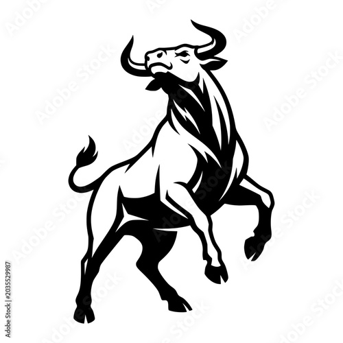 A formidable bull stands on its hind legs, roaring with intensity, representing power and dominance in a dramatic black and white illustration for.