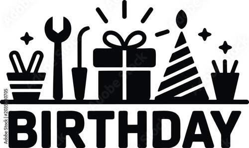 Festive birthday celebration items including various tools a wrapped gift box party hat and candle