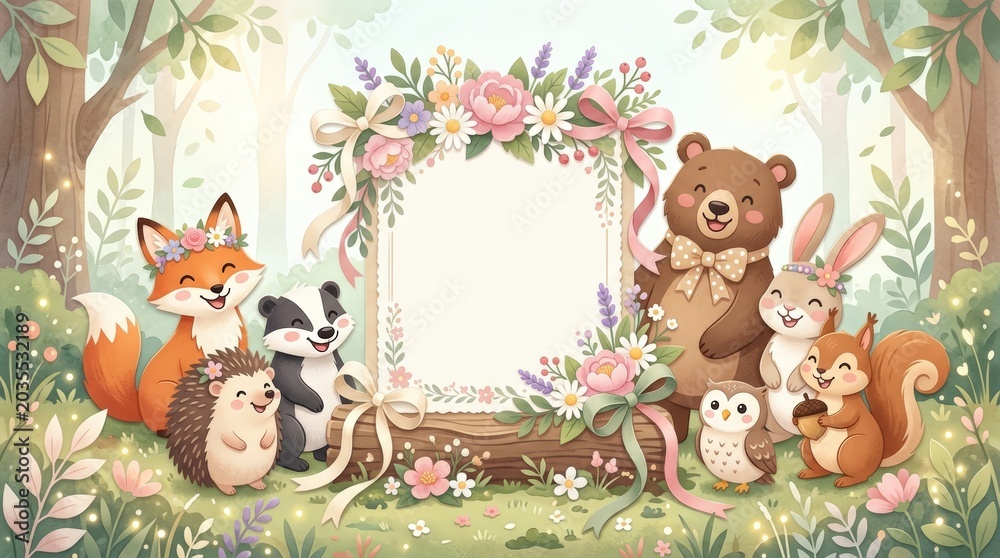 Naklejka premium Smiling woodland animals gathered around floral decorated blank sign in forest