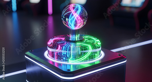 Futuristic glowing orb on a pedestal with neon lights
