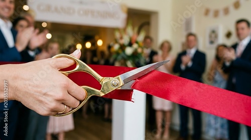 A ceremonial ribbon cutting event with golden scissors marking the inauguration of a new venue or business.